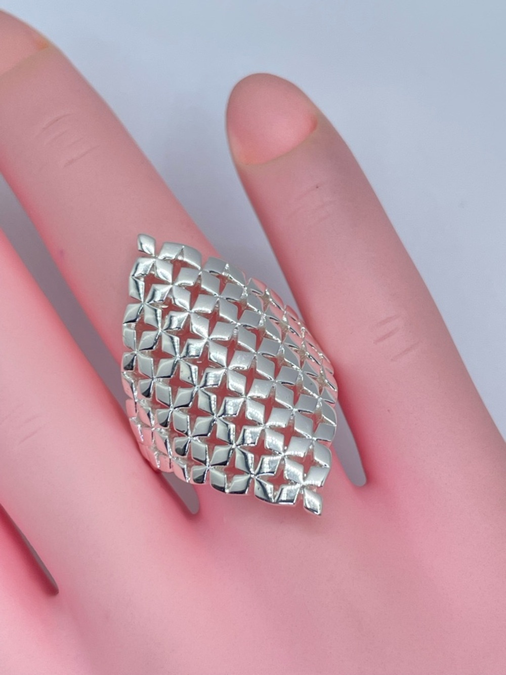 Silver Tone Textured Wide Statement Ring Geometric Shield Bold